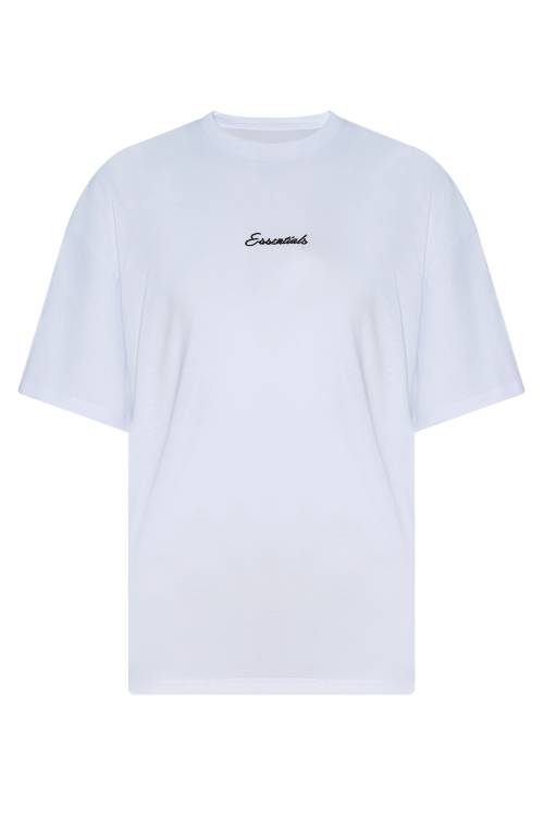 XHAN - Beyaz Essentials Nakışlı Oversize T-Shirt 2YXE2-45972-01