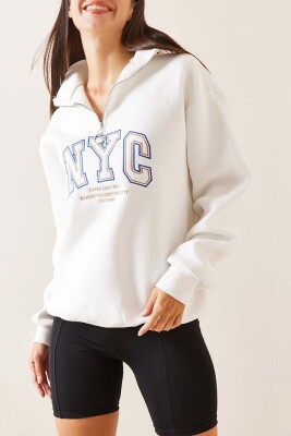 Beyaz Fermuarlı Dik Yaka Sweatshirt 5YXK8-48908-01 - XHAN