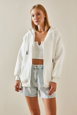 Beyaz Fermuarlı Kapüşonlü Sweatshirt 4KXK8-47606-01 - 2