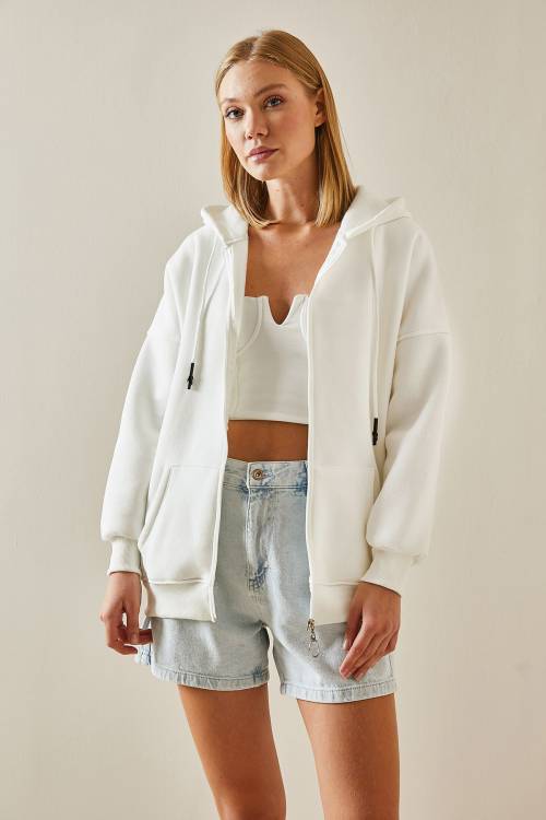 Beyaz Fermuarlı Kapüşonlü Sweatshirt 4KXK8-47606-01 - 2