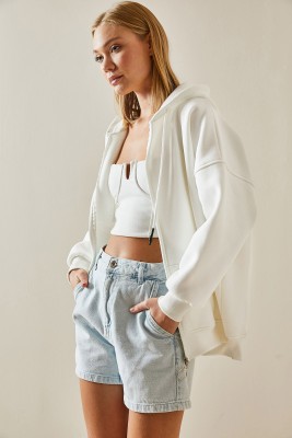 Beyaz Fermuarlı Kapüşonlü Sweatshirt 4KXK8-47606-01 - 4