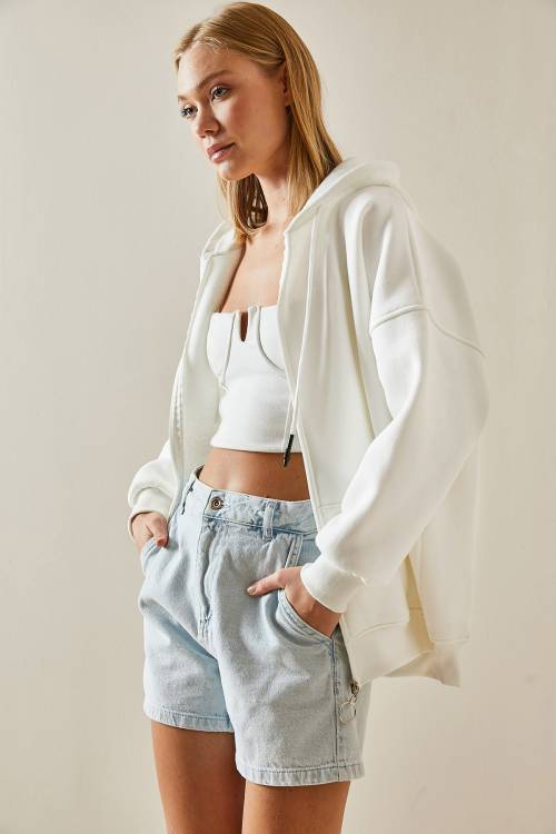 Beyaz Fermuarlı Kapüşonlü Sweatshirt 4KXK8-47606-01 - 4
