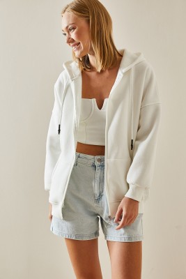 Beyaz Fermuarlı Kapüşonlü Sweatshirt 4KXK8-47606-01 - 5
