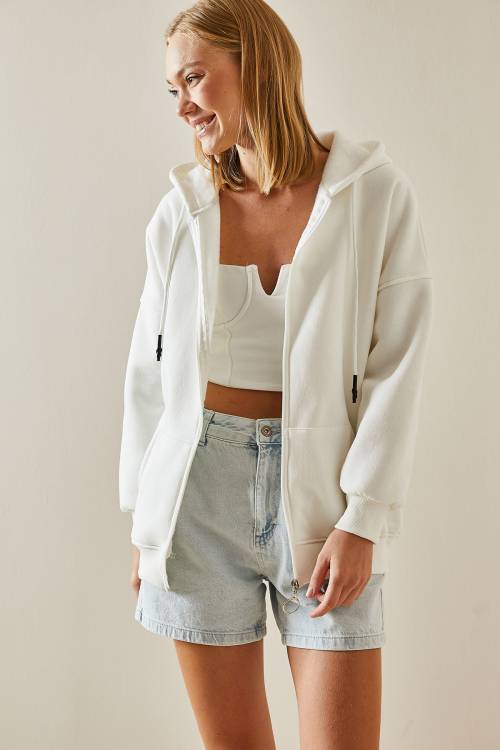 Beyaz Fermuarlı Kapüşonlü Sweatshirt 4KXK8-47606-01 - 5