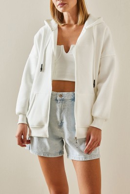 Beyaz Fermuarlı Kapüşonlü Sweatshirt 4KXK8-47606-01 