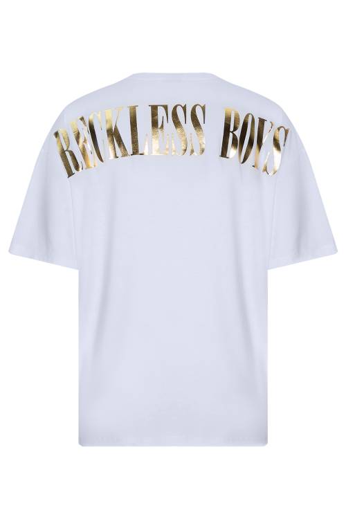XHAN - Beyaz Gold Baskılı Oversize T-Shirt 2YXE2-45992-01