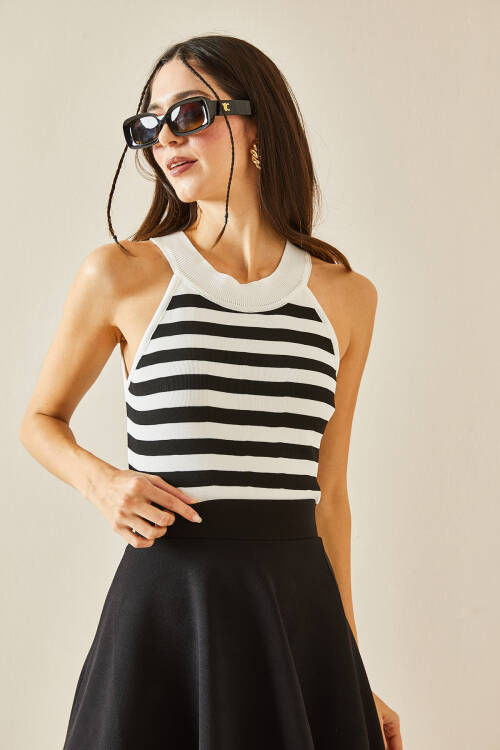 Beyaz Halter Yaka Çizgili Triko Bluz 5YXK2-48374-01 - 4