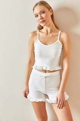 Beyaz İp Askılı Fırfırlı Pijama Takımı 0YXK8-43755-01 - 6