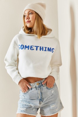 Beyaz Kapüşonlü & Yazılı Crop Sweatshirt 4KXK8-47744-01 - 2
