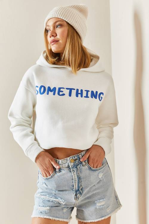 Beyaz Kapüşonlü & Yazılı Crop Sweatshirt 4KXK8-47744-01 - 2