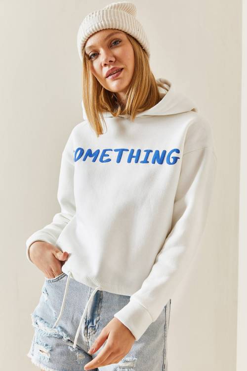 Beyaz Kapüşonlü & Yazılı Crop Sweatshirt 4KXK8-47744-01 - 3