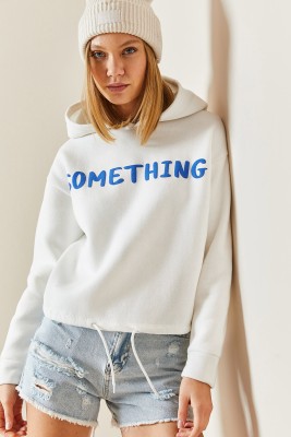 Beyaz Kapüşonlü & Yazılı Crop Sweatshirt 4KXK8-47744-01 - 4
