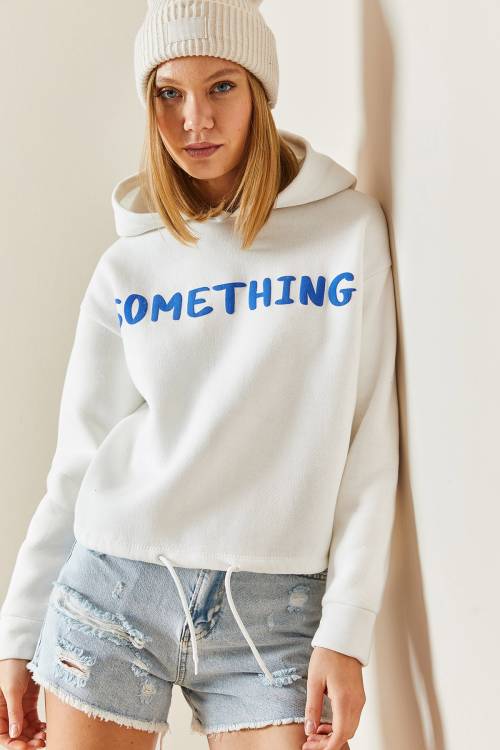 Beyaz Kapüşonlü & Yazılı Crop Sweatshirt 4KXK8-47744-01 - 4