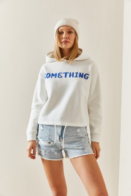 Beyaz Kapüşonlü & Yazılı Crop Sweatshirt 4KXK8-47744-01 - 5