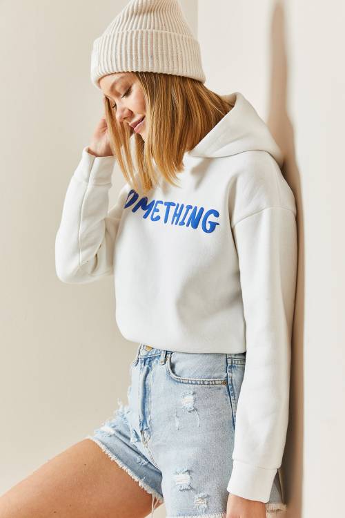 Beyaz Kapüşonlü & Yazılı Crop Sweatshirt 4KXK8-47744-01 - 6