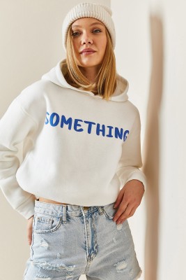 Beyaz Kapüşonlü & Yazılı Crop Sweatshirt 4KXK8-47744-01 - 8