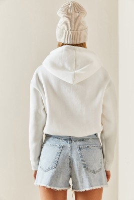 Beyaz Kapüşonlü & Yazılı Crop Sweatshirt 4KXK8-47744-01 - 9