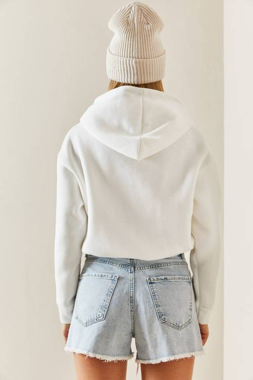 Beyaz Kapüşonlü & Yazılı Crop Sweatshirt 4KXK8-47744-01 - 9