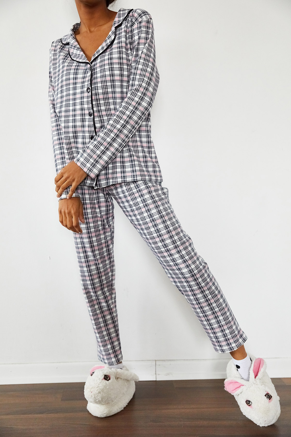 Beyaz Kareli Örme Pijama Takımı 1KXK8-44695-01 - 2