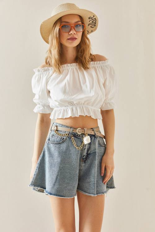 Beyaz Kayık Yaka Büzgülü Crop Bluz 3YXK2-47030-01 - 2