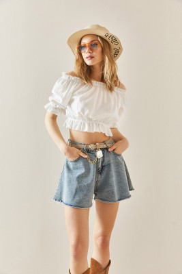 Beyaz Kayık Yaka Büzgülü Crop Bluz 3YXK2-47030-01 - 3