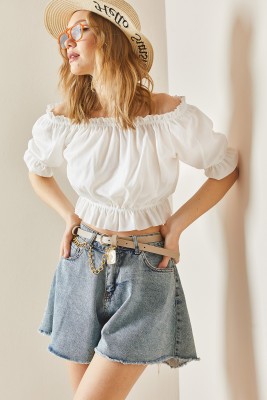 Beyaz Kayık Yaka Büzgülü Crop Bluz 3YXK2-47030-01 - 4