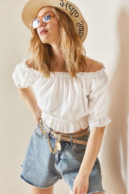 Beyaz Kayık Yaka Büzgülü Crop Bluz 3YXK2-47030-01 - 5