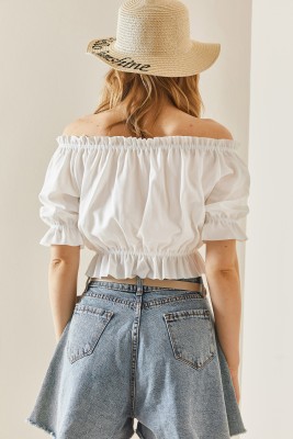 Beyaz Kayık Yaka Büzgülü Crop Bluz 3YXK2-47030-01 - 6