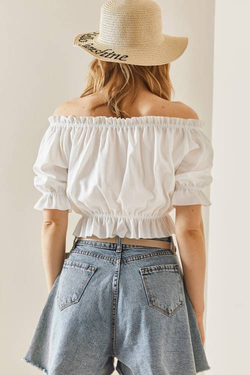 Beyaz Kayık Yaka Büzgülü Crop Bluz 3YXK2-47030-01 - 6