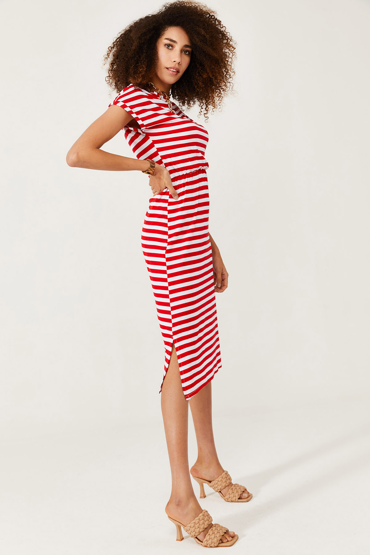 Beyaz & Kırmızı Yumuşak Dokulu Esnek Yırtmaçlı Elbise 1KXK6-44569-80 - 5