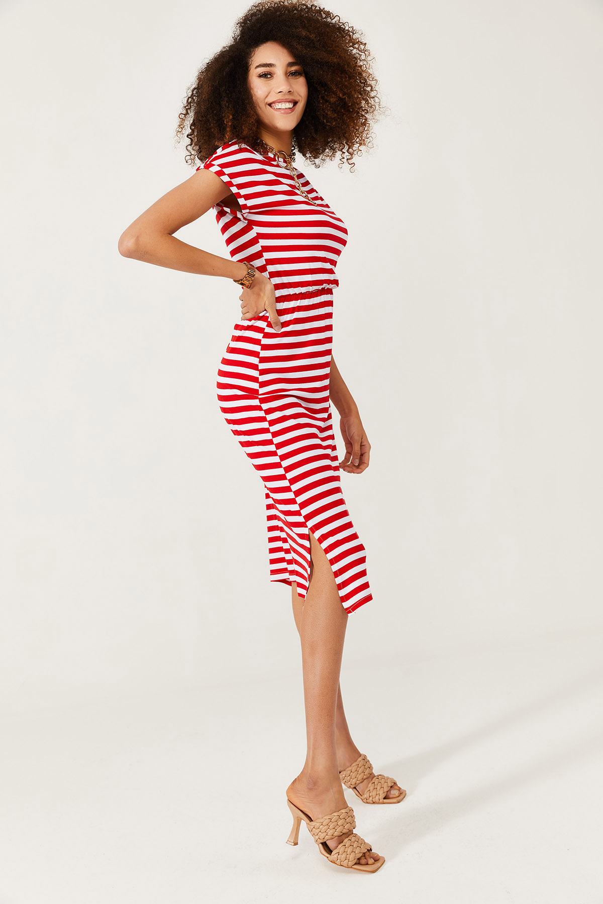 Beyaz & Kırmızı Yumuşak Dokulu Esnek Yırtmaçlı Elbise 1KXK6-44569-80 - 6