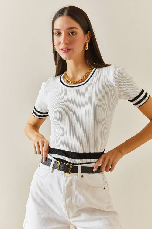 Beyaz Kısa Kollu Triko Bluz 5YXK2-48343-01 - 6