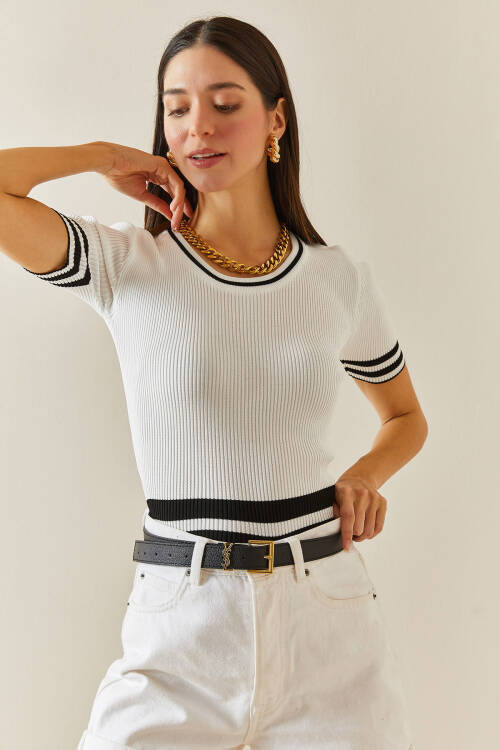 Beyaz Kısa Kollu Triko Bluz 5YXK2-48343-01 - 7