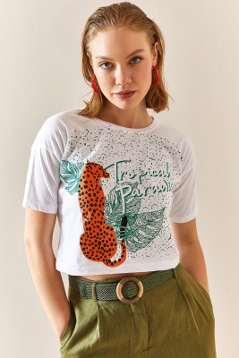 XHAN - Beyaz Leopar Desenli Crop T-Shirt 3YXK1-47319-01