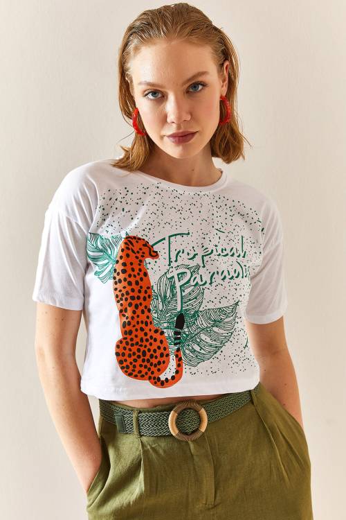 Beyaz Leopar Desenli Crop Tişört 3YXK1-47319-01 - 1