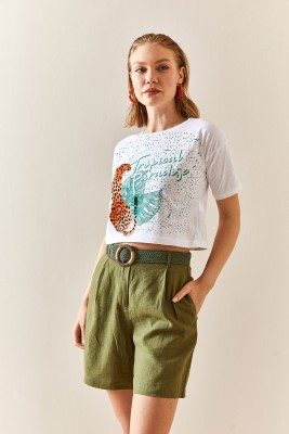 Beyaz Leopar Desenli Crop Tişört 3YXK1-47319-01 - 2