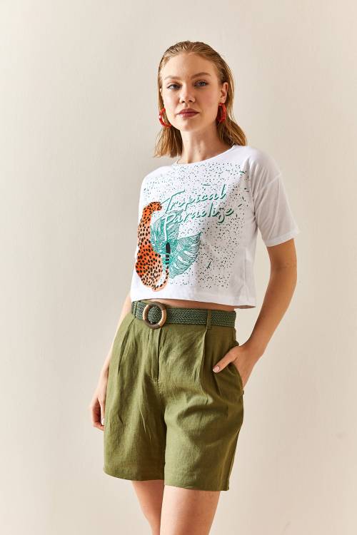 Beyaz Leopar Desenli Crop Tişört 3YXK1-47319-01 - 2