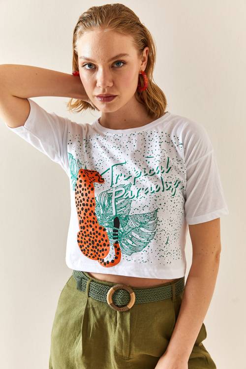 Beyaz Leopar Desenli Crop Tişört 3YXK1-47319-01 - 3