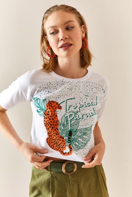 Beyaz Leopar Desenli Crop Tişört 3YXK1-47319-01 - 4