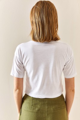 Beyaz Leopar Desenli Crop Tişört 3YXK1-47319-01 - 5