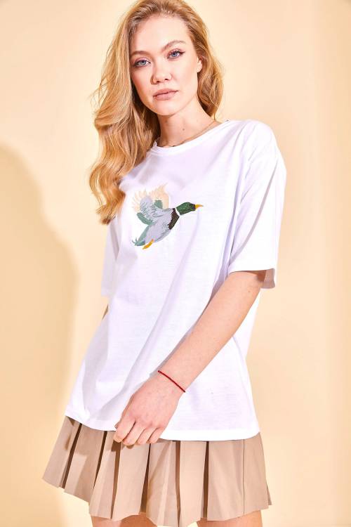 XHAN - Beyaz Nakışlı T-Shirt 2YXK1-46220-01