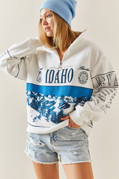Beyaz Önü Baskılı Fermuarlı Oversize Sweatshirt 4KXK8-47754-01 - 2