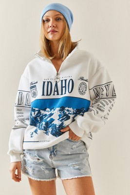 Beyaz Önü Baskılı Fermuarlı Oversize Sweatshirt 4KXK8-47754-01 - 3