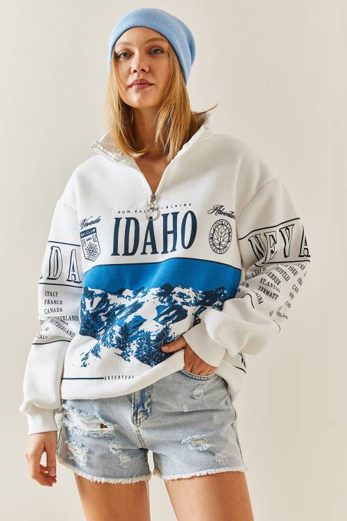 Beyaz Önü Baskılı Fermuarlı Oversize Sweatshirt 4KXK8-47754-01 - 3