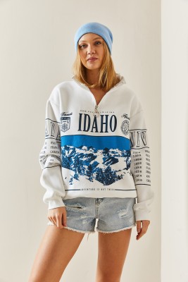 Beyaz Önü Baskılı Fermuarlı Oversize Sweatshirt 4KXK8-47754-01 - 4