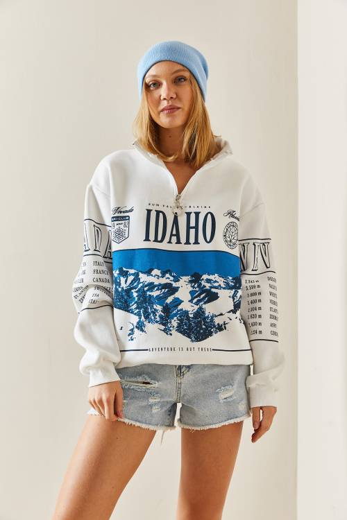Beyaz Önü Baskılı Fermuarlı Oversize Sweatshirt 4KXK8-47754-01 - 4