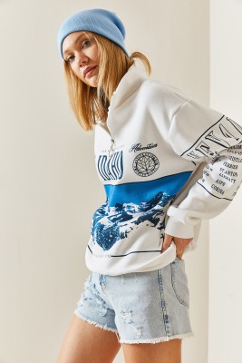 Beyaz Önü Baskılı Fermuarlı Oversize Sweatshirt 4KXK8-47754-01 - 5