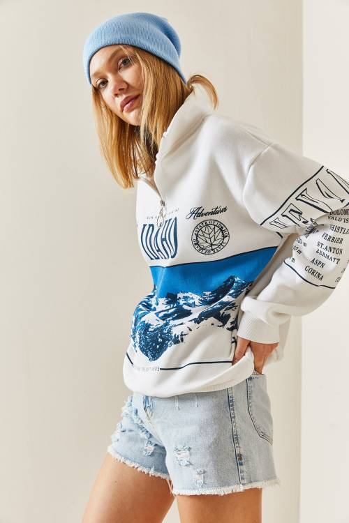 Beyaz Önü Baskılı Fermuarlı Oversize Sweatshirt 4KXK8-47754-01 - 5