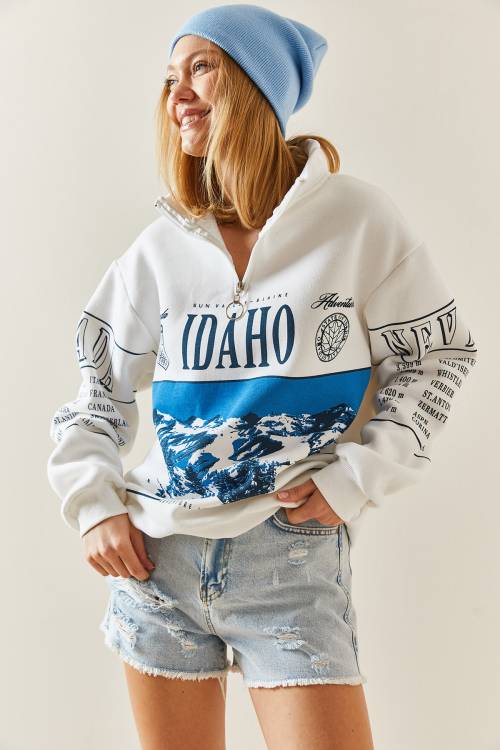 Beyaz Önü Baskılı Fermuarlı Oversize Sweatshirt 4KXK8-47754-01 - 6