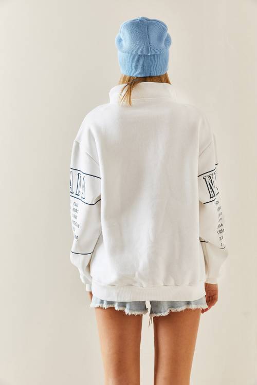 Beyaz Önü Baskılı Fermuarlı Oversize Sweatshirt 4KXK8-47754-01 - 7